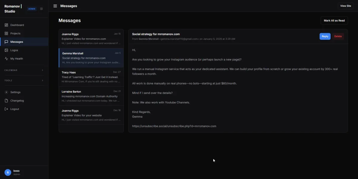 Manage Website Messages